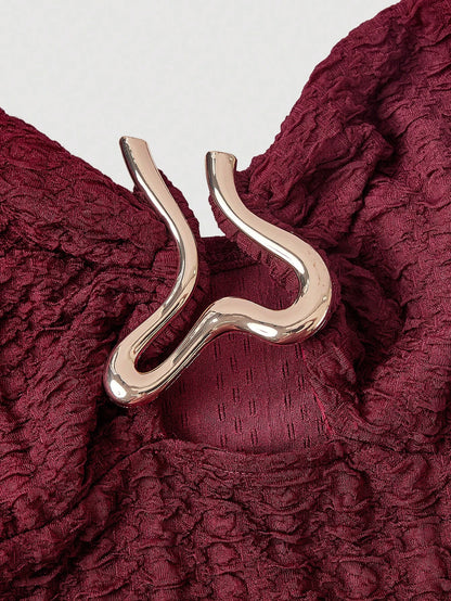 Skyraze Metal Buckle Textured Burgundy Split Hem Vacation Dress