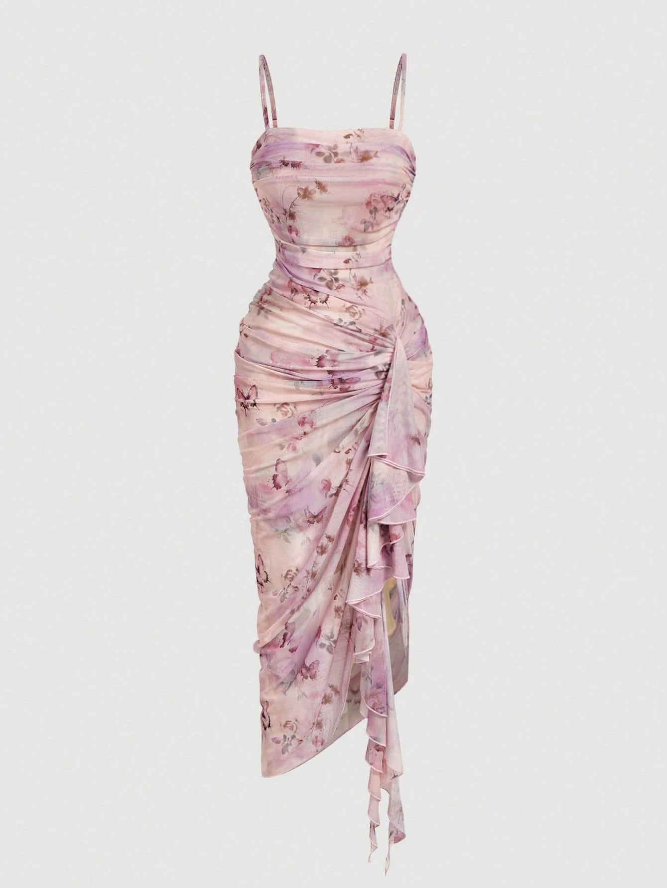 Skyraze Women's Vintage Butterfly Print Ruched Ruffle Asymmetrical Dress,Blush Pink,Summer,Casual,Seductive,Party,Cocktail Dinner Prom Vacation Outfits