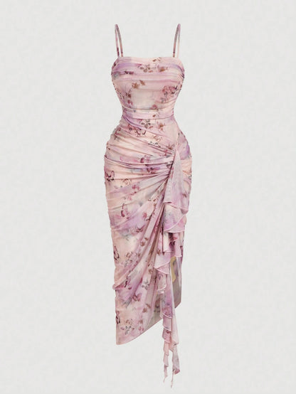 Skyraze Women's Vintage Butterfly Print Ruched Ruffle Asymmetrical Dress,Blush Pink,Summer,Casual,Seductive,Party,Cocktail Dinner Prom Vacation Outfits