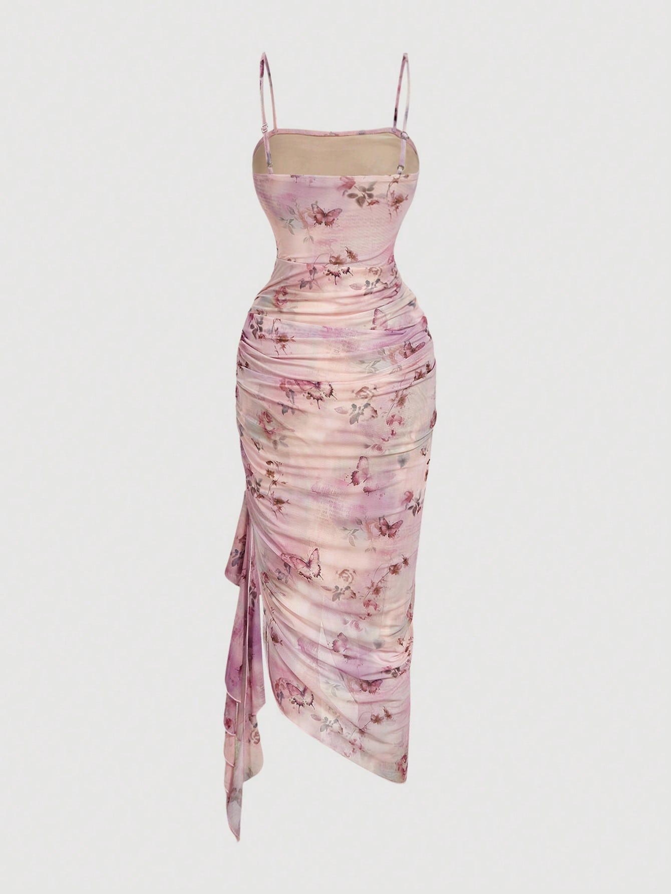 Skyraze Women's Vintage Butterfly Print Ruched Ruffle Asymmetrical Dress,Blush Pink,Summer,Casual,Seductive,Party,Cocktail Dinner Prom Vacation Outfits