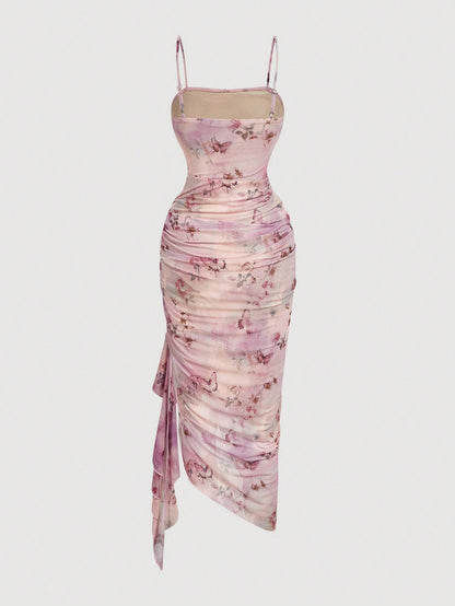 Skyraze Women's Vintage Butterfly Print Ruched Ruffle Asymmetrical Dress,Blush Pink,Summer,Casual,Seductive,Party,Cocktail Dinner Prom Vacation Outfits