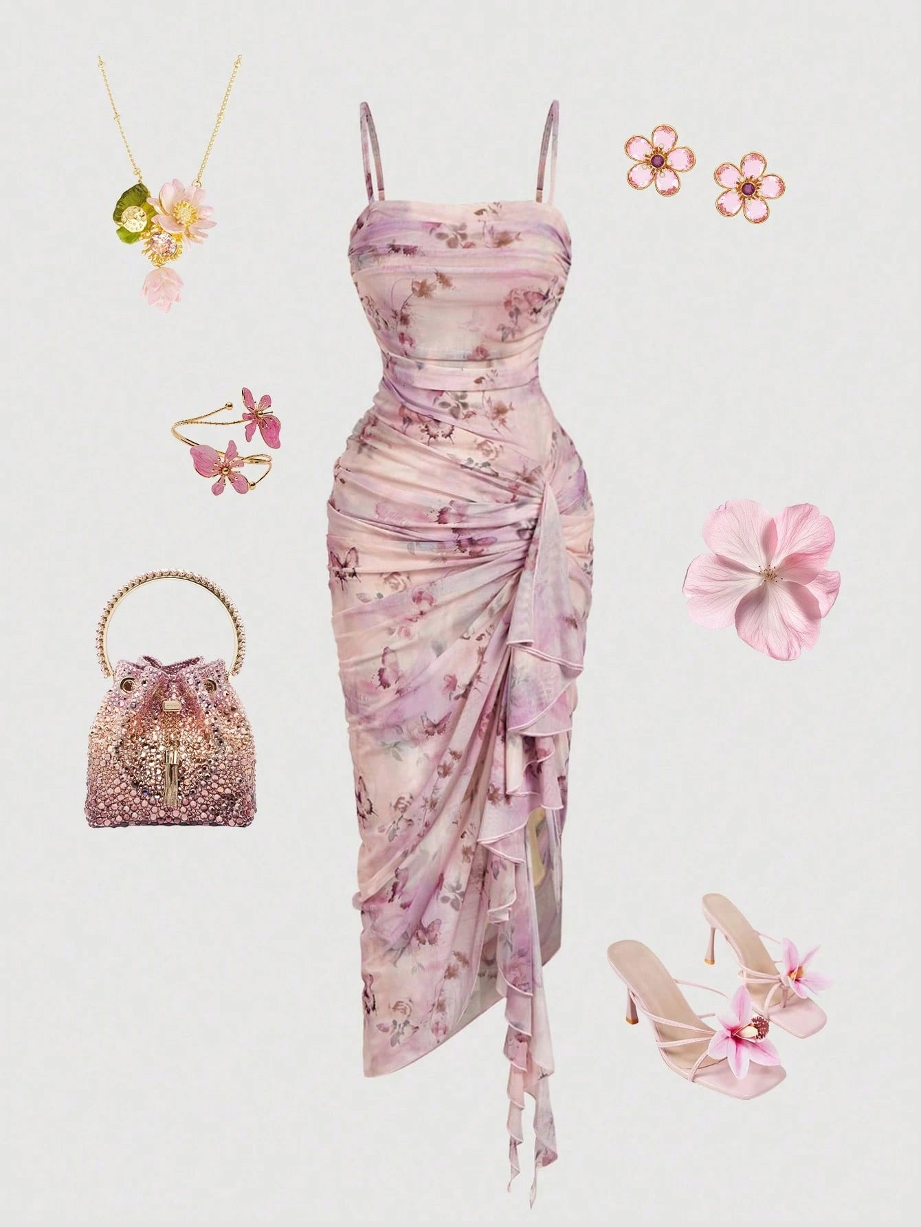 Skyraze Women's Vintage Butterfly Print Ruched Ruffle Asymmetrical Dress,Blush Pink,Summer,Casual,Seductive,Party,Cocktail Dinner Prom Vacation Outfits