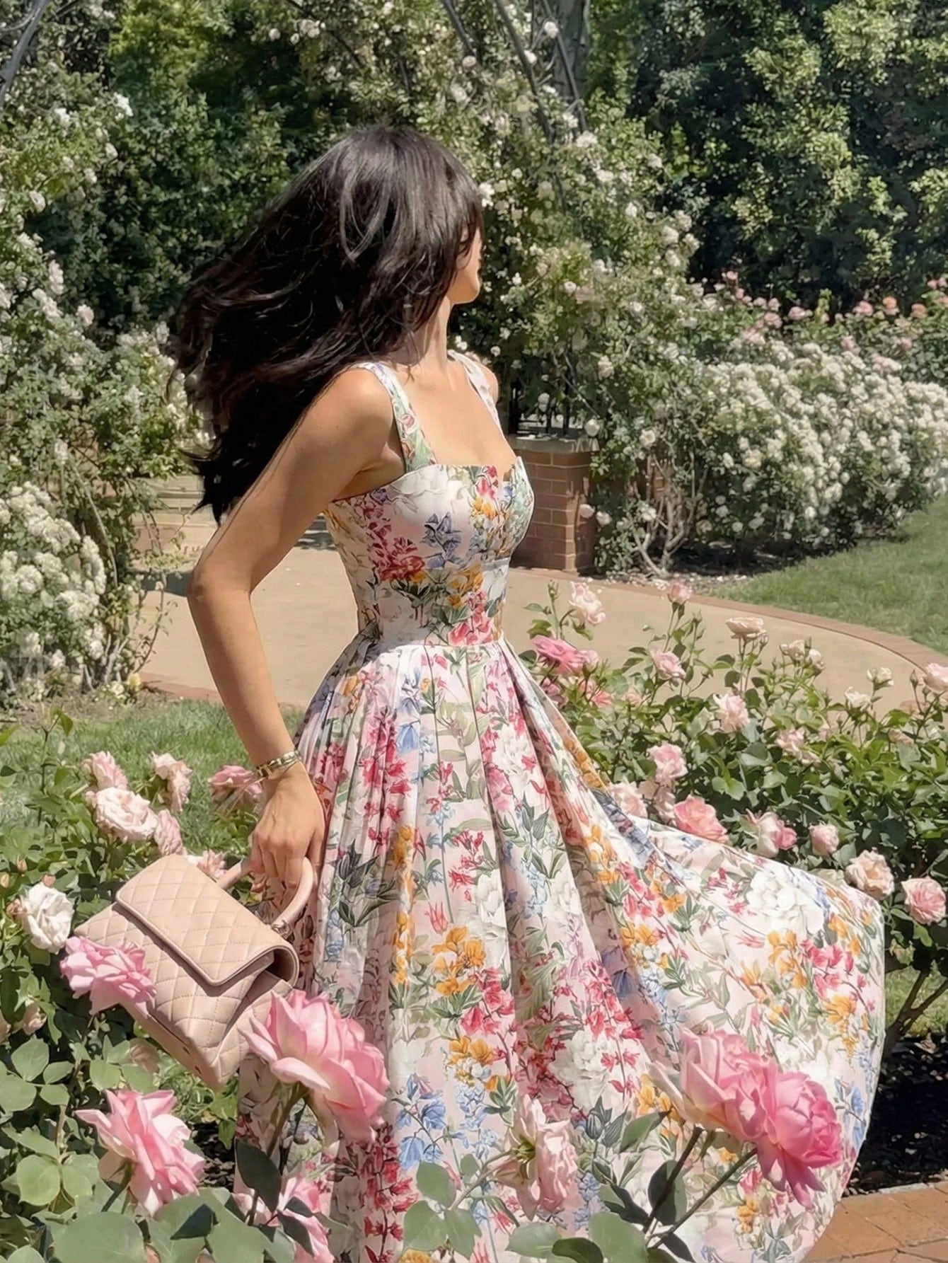 Skyraze Women's White Floral Floral Print Waist Cinched Elegant Modest Tropical Thick Strap Dress,Summer Casual Party Picnic Vacation Sundress Wedding Guest