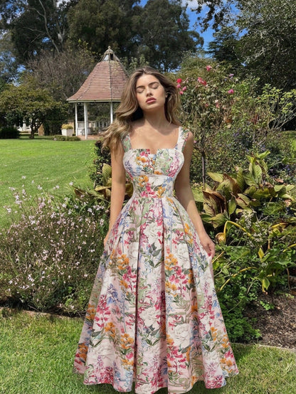 Skyraze Women's White Floral Floral Print Waist Cinched Elegant Modest Tropical Thick Strap Dress,Summer Casual Party Picnic Vacation Sundress Wedding Guest