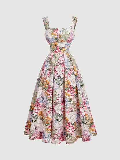 Skyraze Women's White Floral Floral Print Waist Cinched Elegant Modest Tropical Thick Strap Dress,Summer Casual Party Picnic Vacation Sundress Wedding Guest