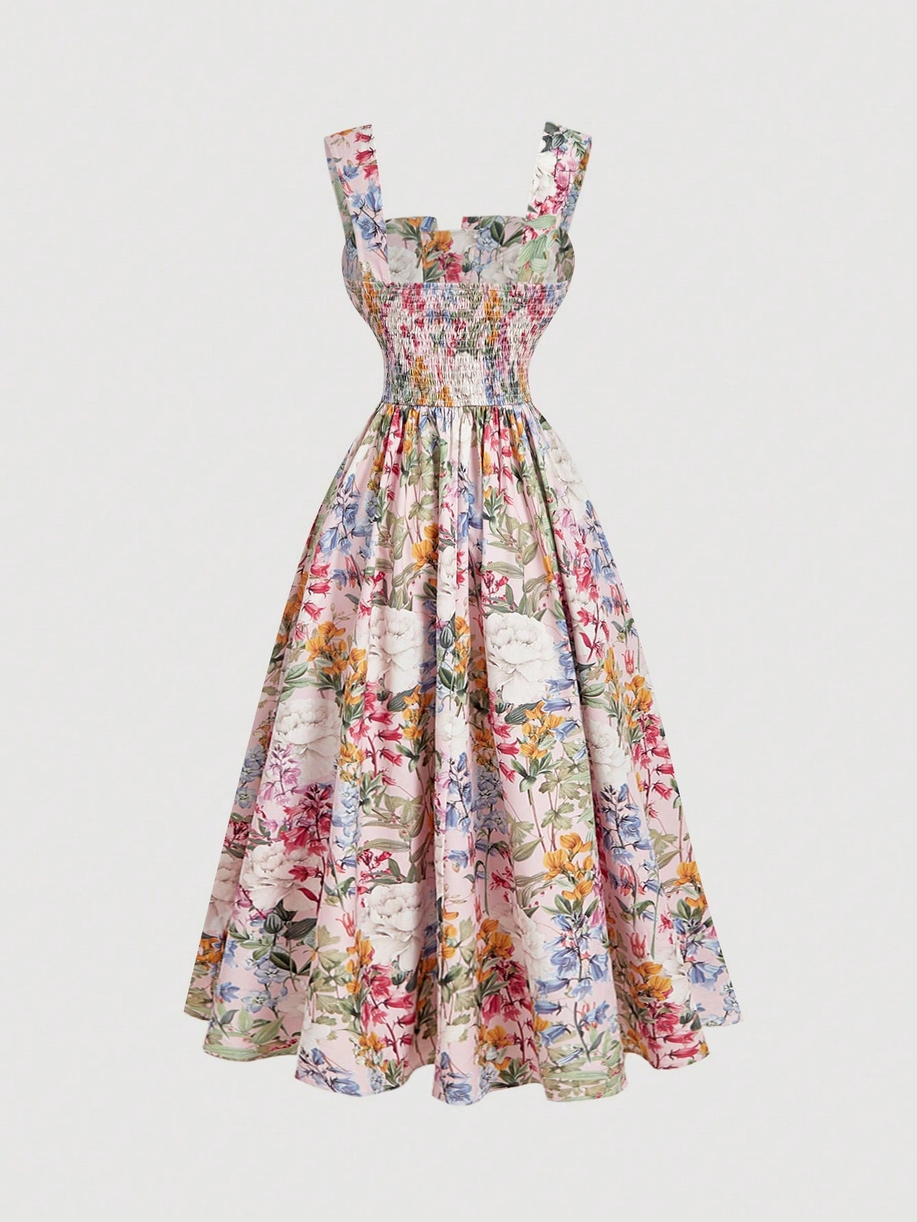 Skyraze Women's White Floral Floral Print Waist Cinched Elegant Modest Tropical Thick Strap Dress,Summer Casual Party Picnic Vacation Sundress Wedding Guest