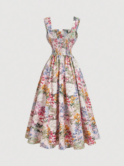 Skyraze Women's White Floral Floral Print Waist Cinched Elegant Modest Tropical Thick Strap Dress,Summer Casual Party Picnic Vacation Sundress Wedding Guest