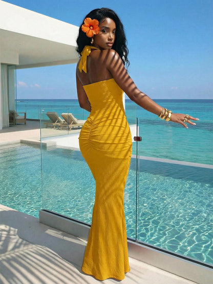 Slaydiva 2025 New Elegant Sexy Deep V-Neck Mermaid Dress, Suitable For Party Night Out, Birthday, Bar, Nightclub, Valentine's Day, Halloween, Christmas Yellow