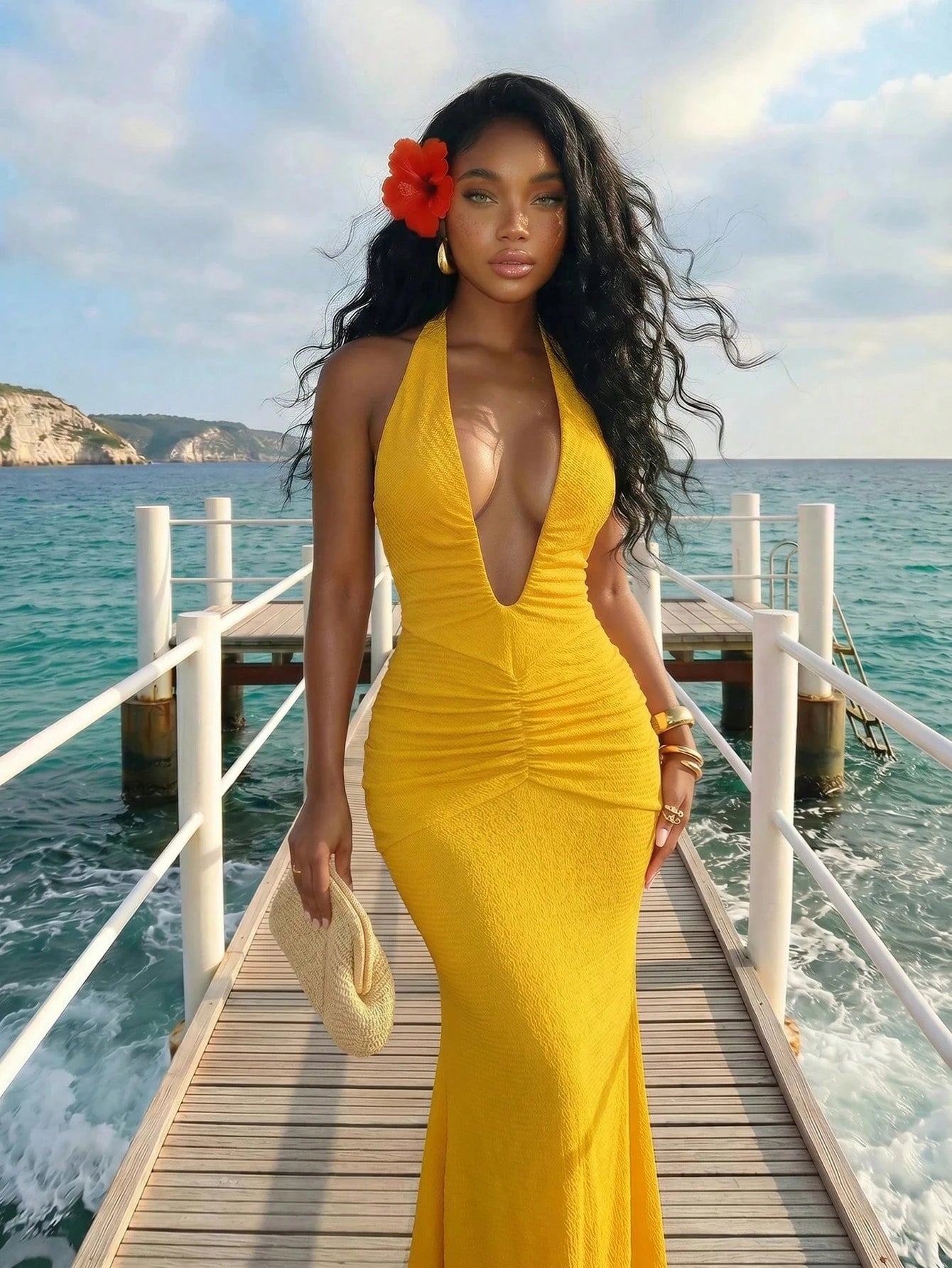 Slaydiva 2025 New Elegant Sexy Deep V-Neck Mermaid Dress, Suitable For Party Night Out, Birthday, Bar, Nightclub, Valentine's Day, Halloween, Christmas Yellow