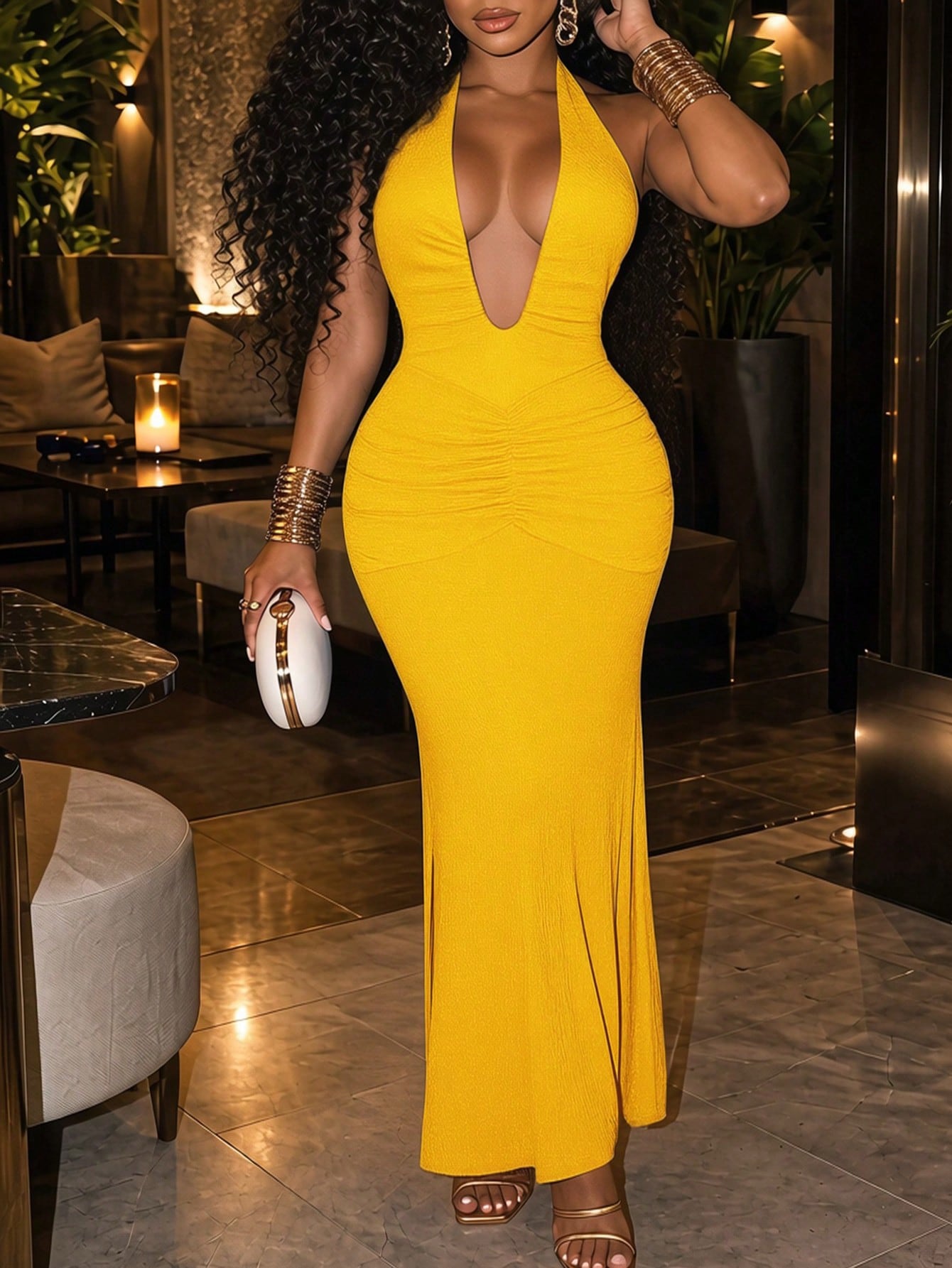 Slaydiva 2025 New Elegant Sexy Deep V-Neck Mermaid Dress, Suitable For Party Night Out, Birthday, Bar, Nightclub, Valentine's Day, Halloween, Christmas Yellow
