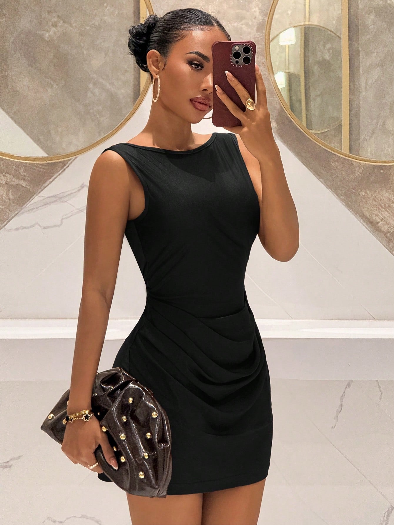 Slaydiva 2025 New V-Neck Sleeveless Pearl Chain Decor Open Back A-Line Mini Dress,Elastic Satin Ruched Waist Black,Summer,Elegant,Party Night Summer Dresses