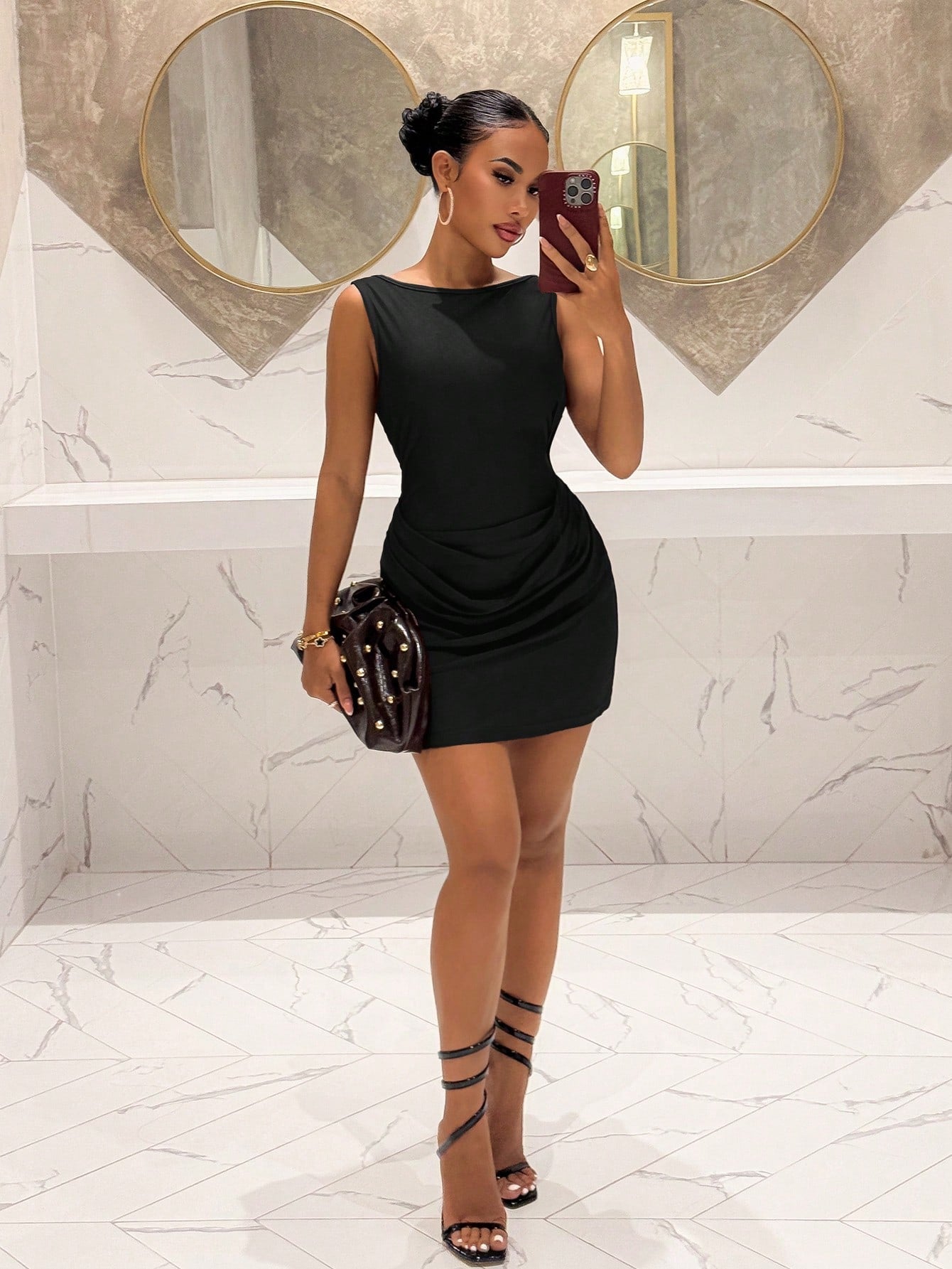 Slaydiva 2025 New V-Neck Sleeveless Pearl Chain Decor Open Back A-Line Mini Dress,Elastic Satin Ruched Waist Black,Summer,Elegant,Party Night Summer Dresses