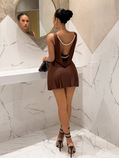 Slaydiva 2025 New V-Neck Sleeveless Pearl Chain Decor Open Back A-Line Mini Dress,Elastic Satin Ruched Waist Black,Summer,Elegant,Party Night Summer Dresses