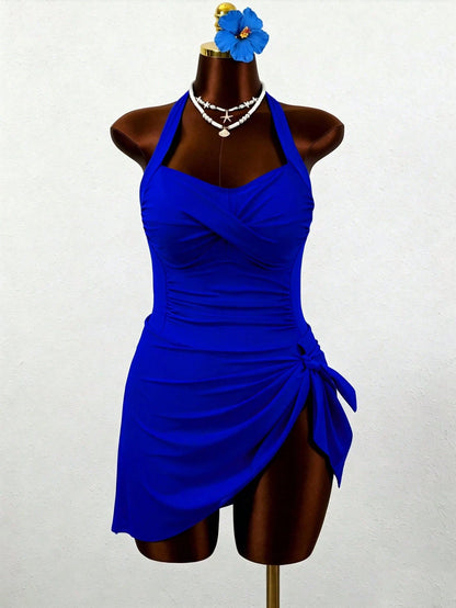 Slaydiva 2026 New Plus Size Women's Royal Blue Halter Ruched Tie Swimsuit,Classy Elegant Ladies Beach Swimwear,Summer Holiday Vacation Outfit Party Dress