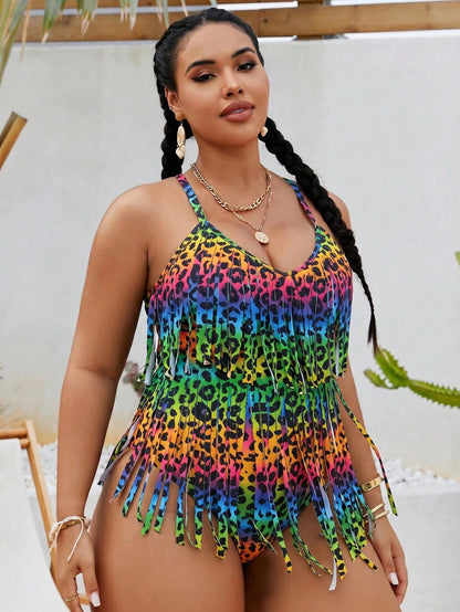 Slaydiva 2026 New Summer Beach Vacation Colorful Leopard Print Animal Pattern Music Festival Party Tassel Plus Size Romper