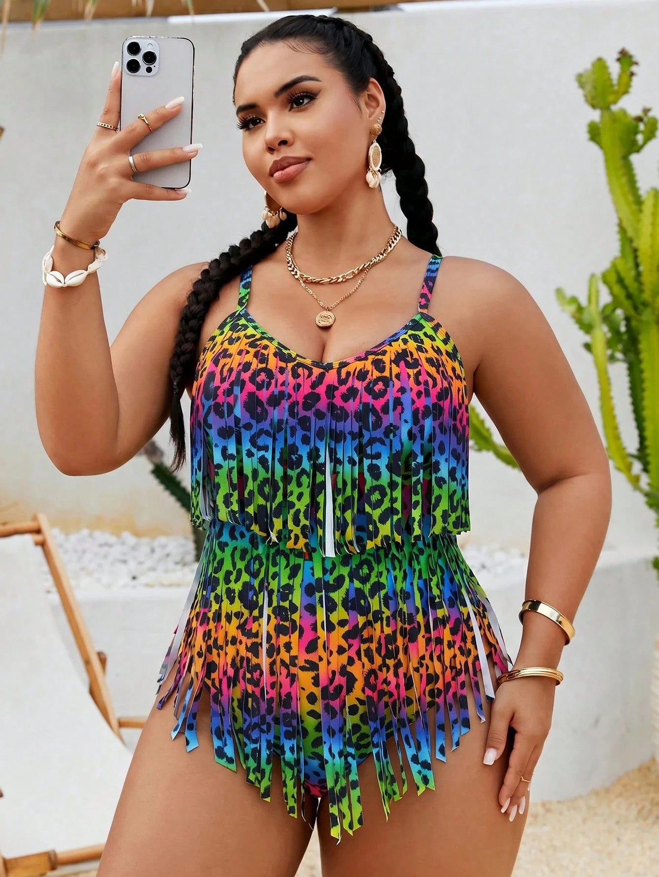 Slaydiva 2026 New Summer Beach Vacation Colorful Leopard Print Animal Pattern Music Festival Party Tassel Plus Size Romper