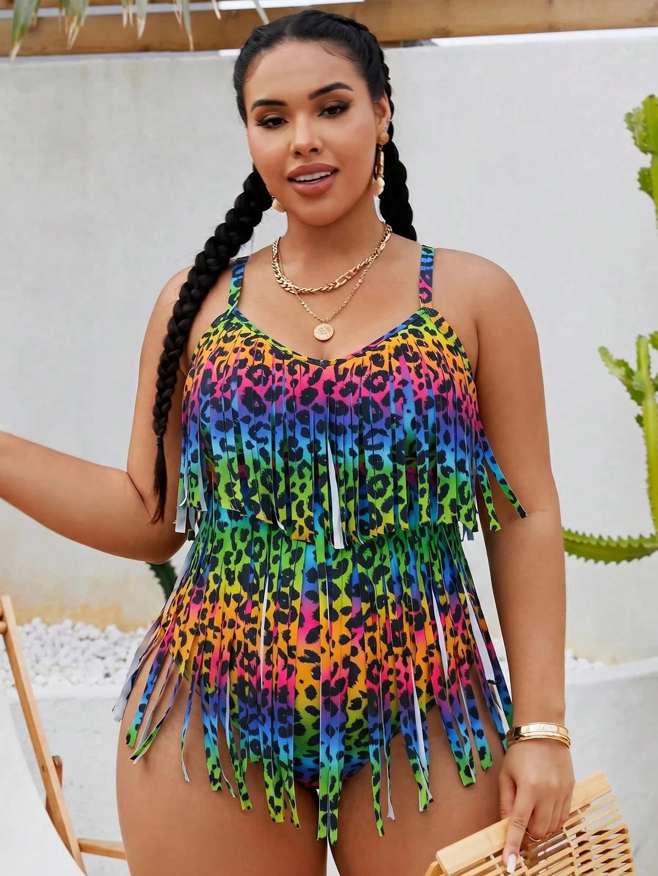 Slaydiva 2026 New Summer Beach Vacation Colorful Leopard Print Animal Pattern Music Festival Party Tassel Plus Size Romper