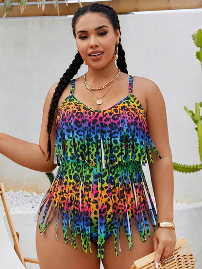 Slaydiva 2026 New Summer Beach Vacation Colorful Leopard Print Animal Pattern Music Festival Party Tassel Plus Size Romper