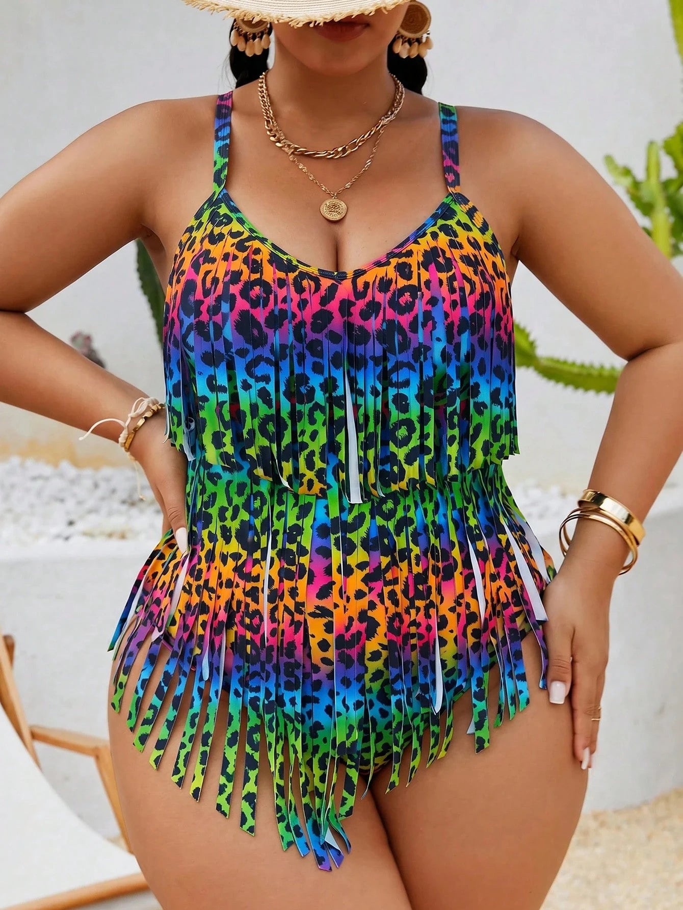 Slaydiva 2026 New Summer Beach Vacation Colorful Leopard Print Animal Pattern Music Festival Party Tassel Plus Size Romper