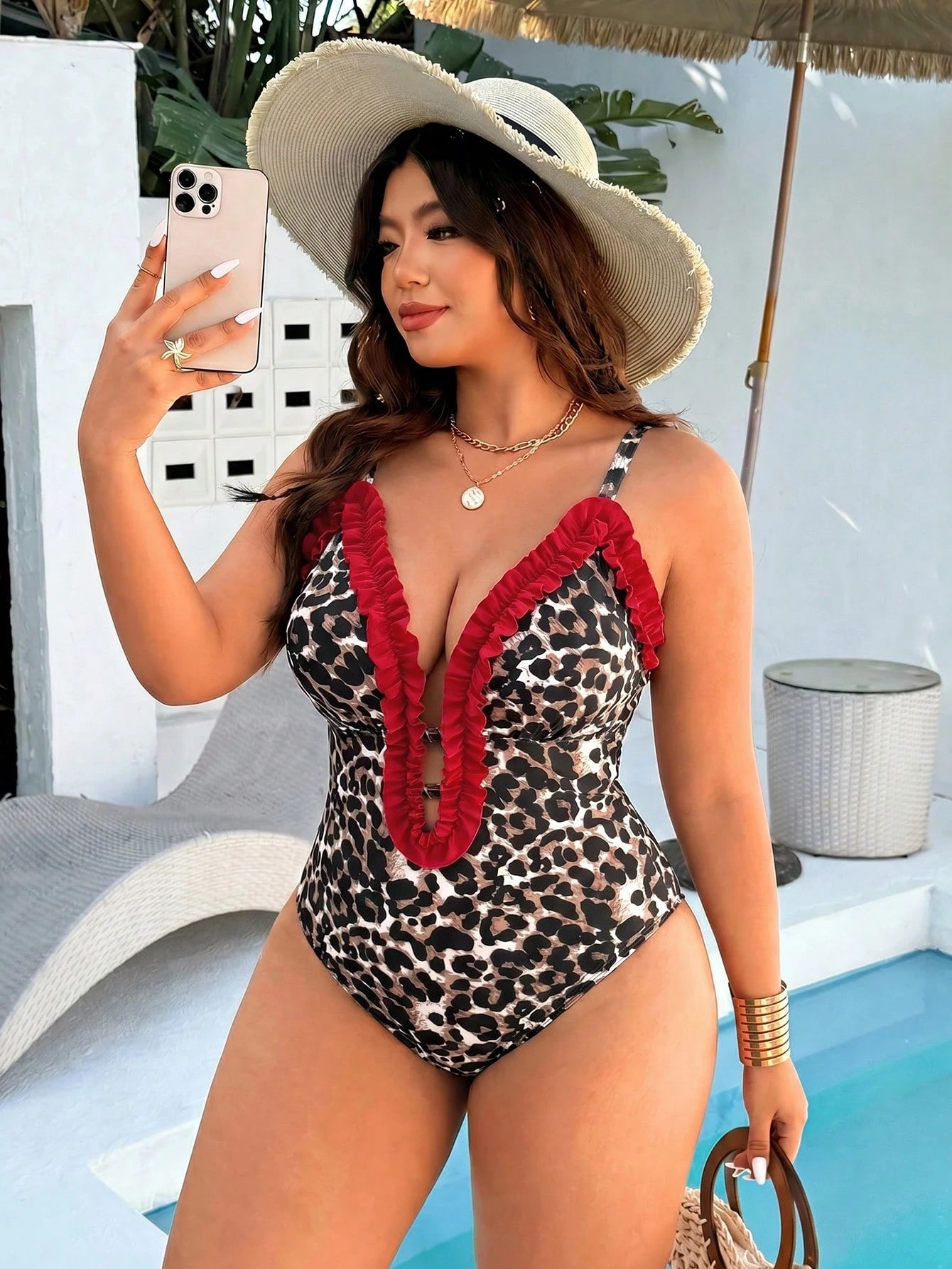 Slaydiva 2026 New Summer Beach Vacation Sexy Leopard Animal Print Ruffle Trim Plus Size One-Piece Swimsuit, Suitable For Vacation And Party