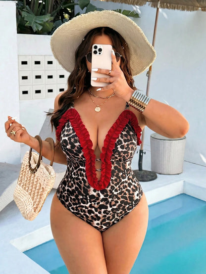 Slaydiva 2026 New Summer Beach Vacation Sexy Leopard Animal Print Ruffle Trim Plus Size One-Piece Swimsuit, Suitable For Vacation And Party