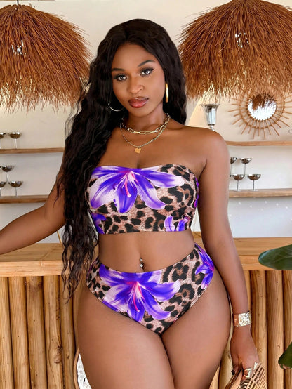 Slaydiva 2026 New Summer Leopard Print Tropical Floral Random Print Plus Size Women's Bikini Set Vacation White
