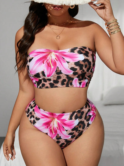 Slaydiva 2026 New Summer Leopard Print Tropical Floral Random Print Plus Size Women's Bikini Set Vacation White
