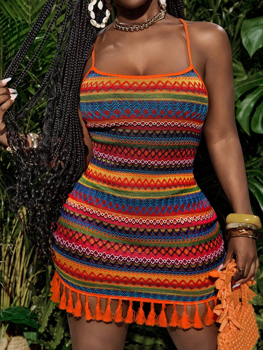 Slaydiva Beach Spring Summer Red Orange Holiday U-Neck Suspender Cross Back Backless Slim Mini Dress Tassel Hem Striped Diamond Plaid Women's Sexy