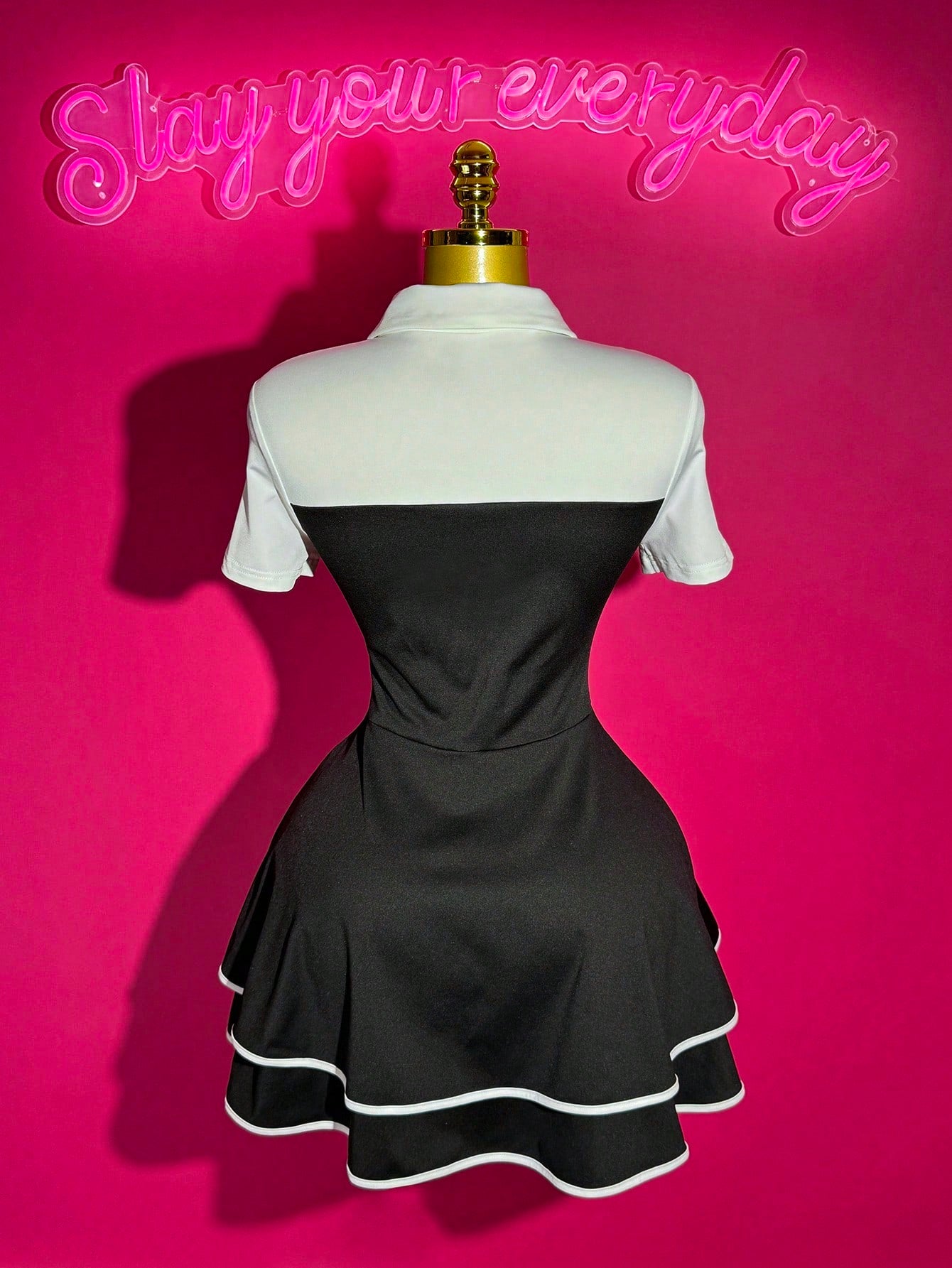 Slaydiva Black And White Summer Elegant Cute Work School Graduation Back-To-School POLO Collar Bowknot 2 In 1 Multi-Layer Cake Ruffle Hem A-Line Dress Ladies