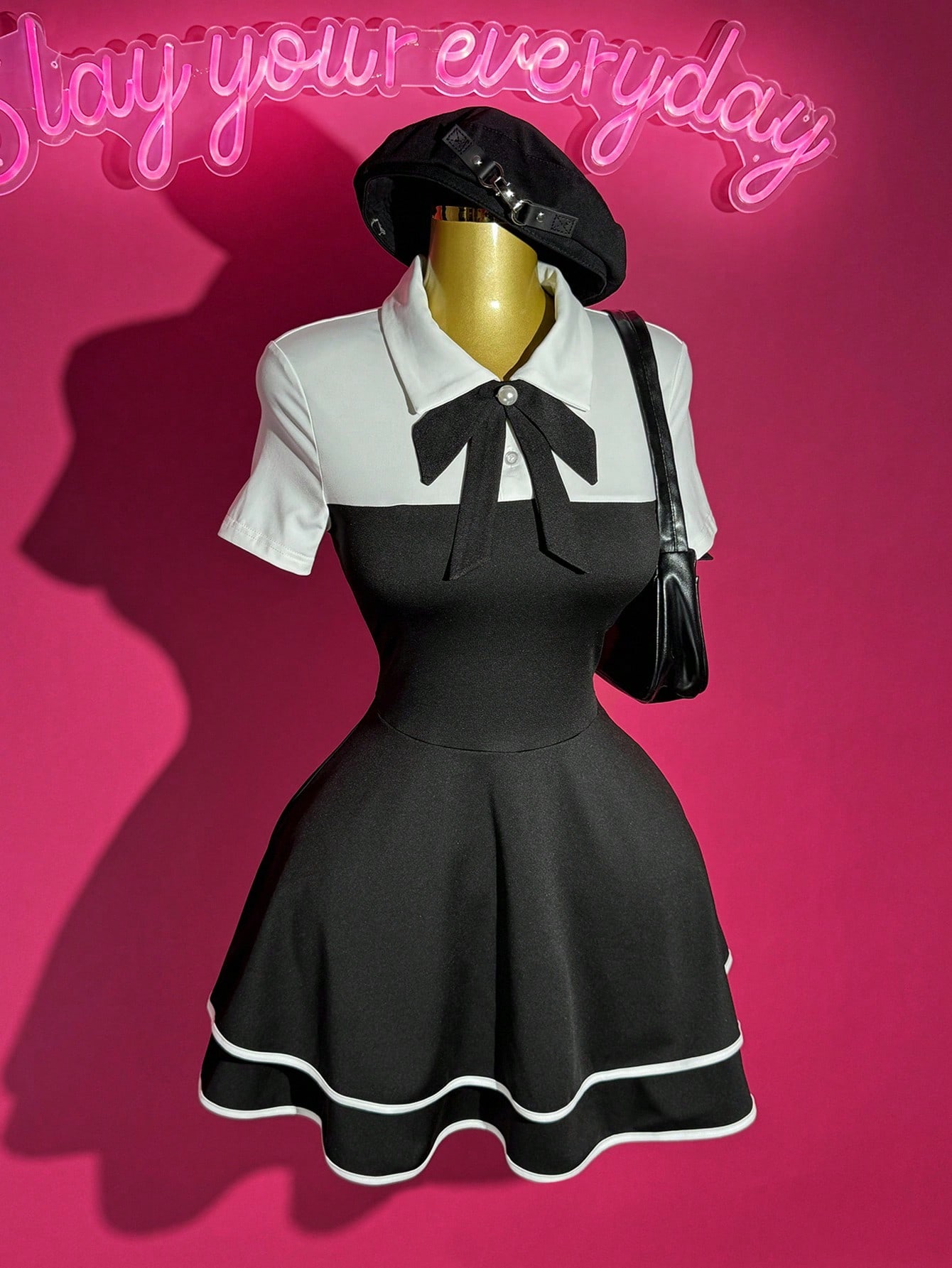 Slaydiva Black And White Summer Elegant Cute Work School Graduation Back-To-School POLO Collar Bowknot 2 In 1 Multi-Layer Cake Ruffle Hem A-Line Dress Ladies