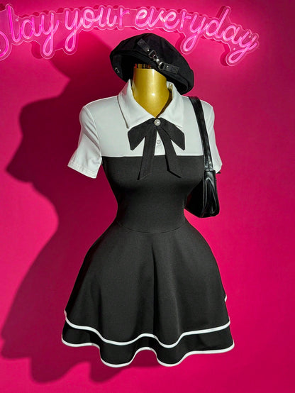 Slaydiva Black And White Summer Elegant Cute Work School Graduation Back-To-School POLO Collar Bowknot 2 In 1 Multi-Layer Cake Ruffle Hem A-Line Dress Ladies