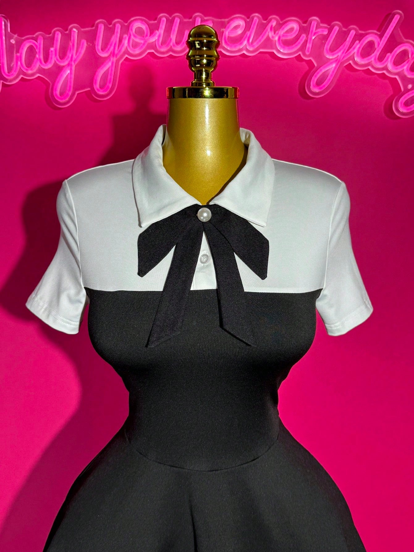 Slaydiva Black And White Summer Elegant Cute Work School Graduation Back-To-School POLO Collar Bowknot 2 In 1 Multi-Layer Cake Ruffle Hem A-Line Dress Ladies