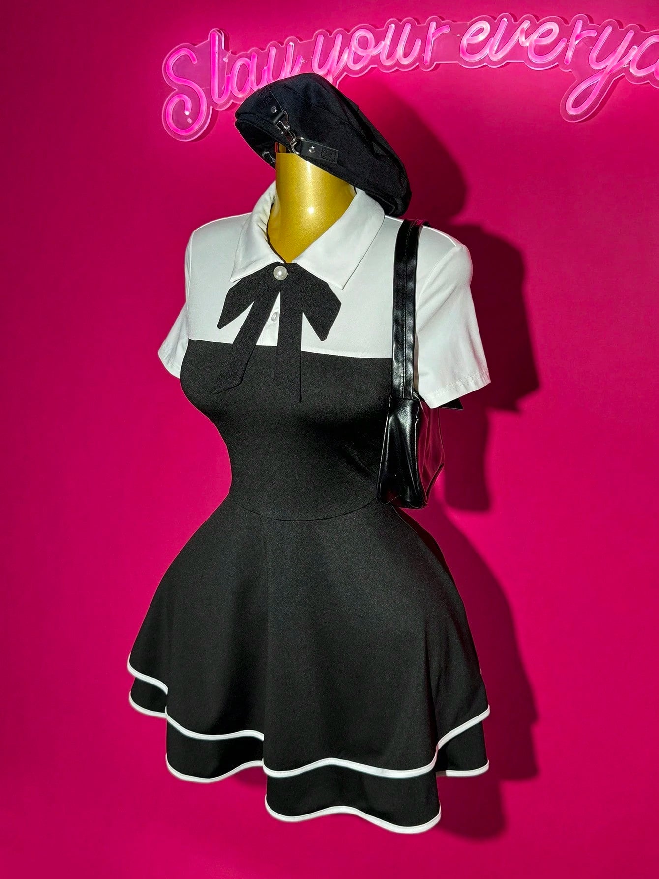 Slaydiva Black And White Summer Elegant Cute Work School Graduation Back-To-School POLO Collar Bowknot 2 In 1 Multi-Layer Cake Ruffle Hem A-Line Dress Ladies