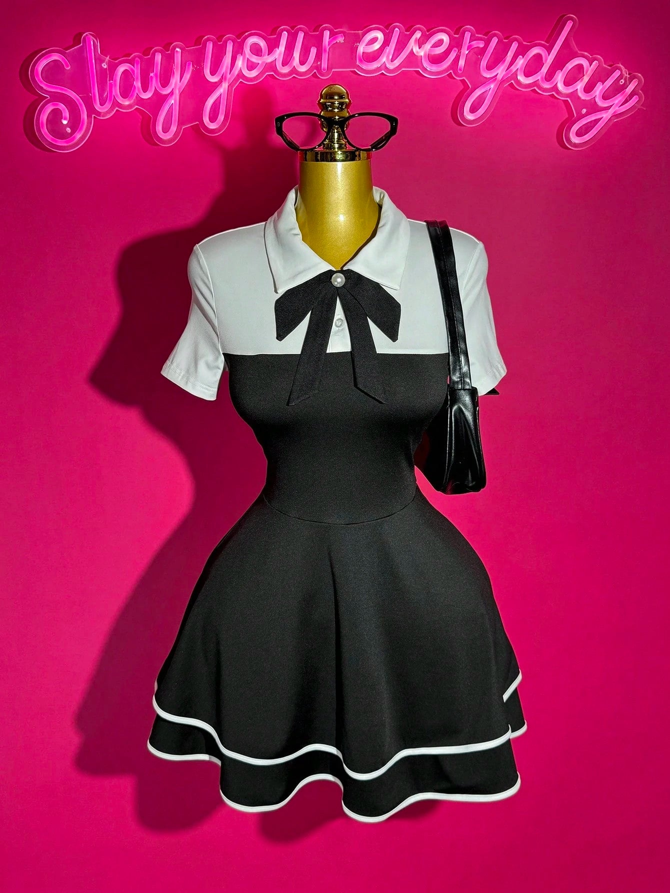 Slaydiva Black And White Summer Elegant Cute Work School Graduation Back-To-School POLO Collar Bowknot 2 In 1 Multi-Layer Cake Ruffle Hem A-Line Dress Ladies