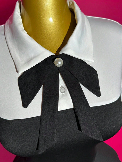 Slaydiva Black And White Summer Elegant Cute Work School Graduation Back-To-School POLO Collar Bowknot 2 In 1 Multi-Layer Cake Ruffle Hem A-Line Dress Ladies