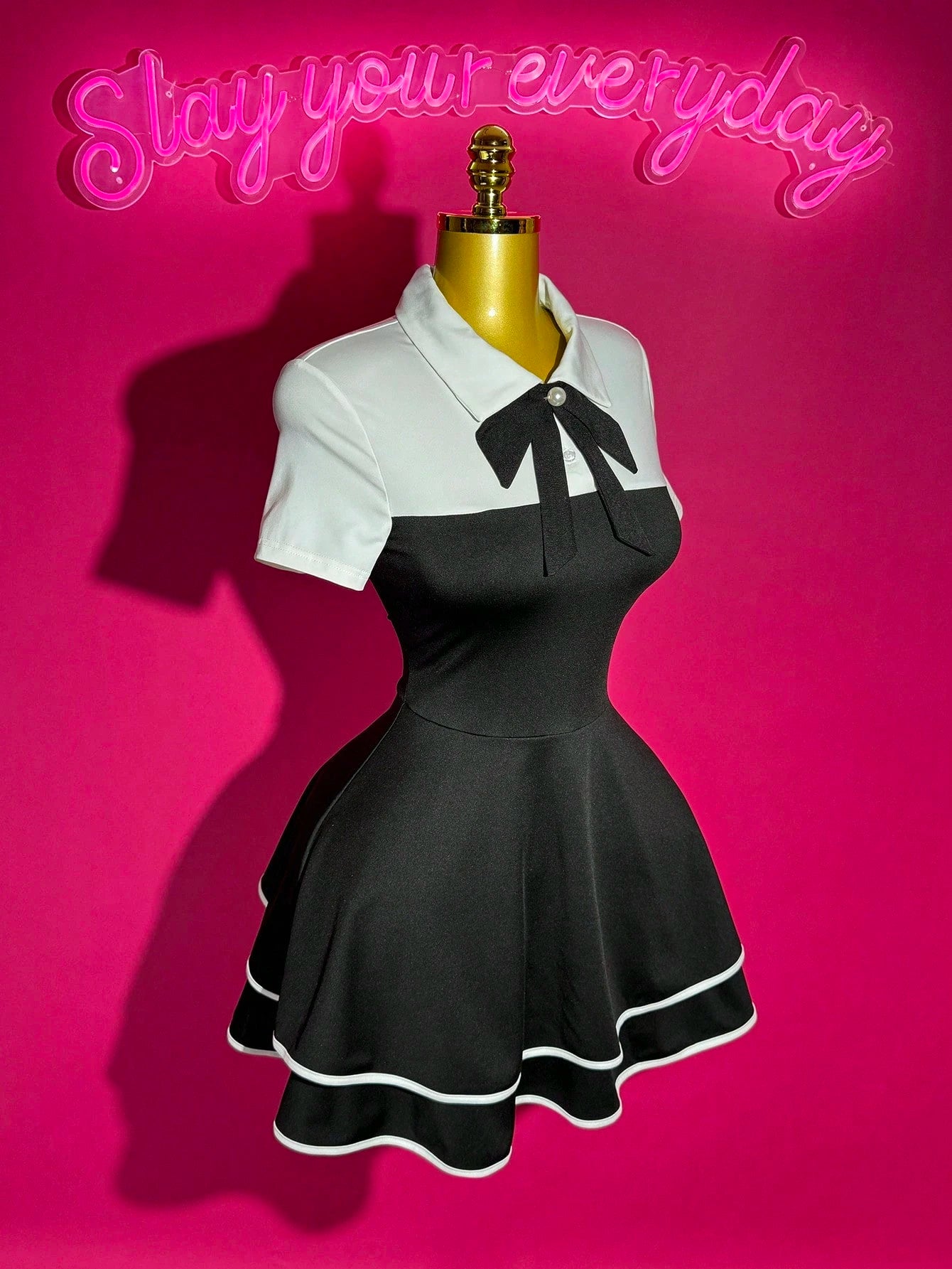 Slaydiva Black And White Summer Elegant Cute Work School Graduation Back-To-School POLO Collar Bowknot 2 In 1 Multi-Layer Cake Ruffle Hem A-Line Dress Ladies