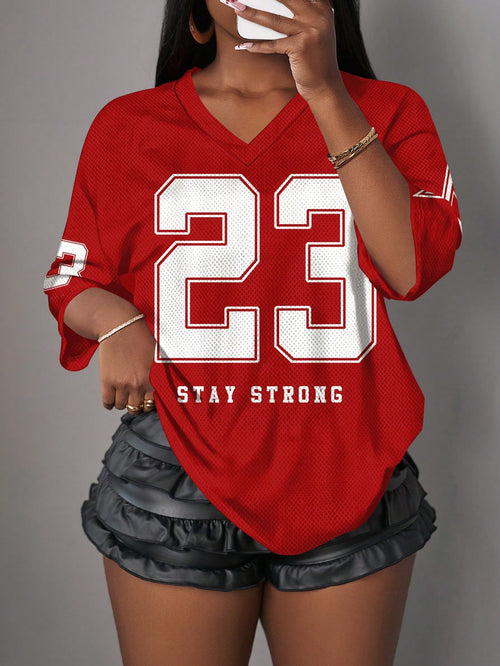Slaydiva Casual Minimalist Alphabet & Numeric Pattern Women T-Shirt, Suitable For Summer, Red Color, Sports Uniform