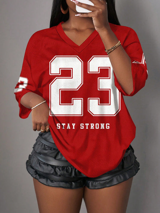 Slaydiva Casual Minimalist Alphabet & Numeric Pattern Women T-Shirt, Suitable For Summer, Red Color, Sports Uniform