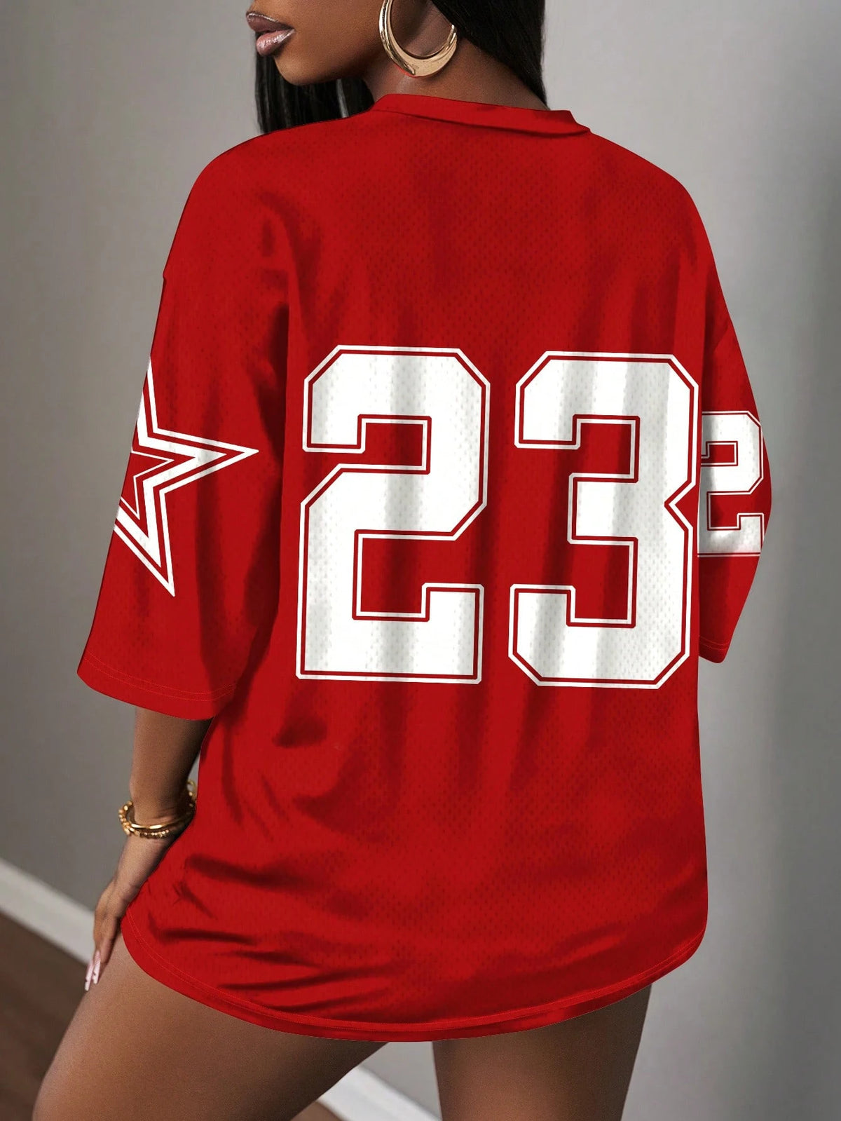 Slaydiva Casual Minimalist Alphabet & Numeric Pattern Women T-Shirt, Suitable For Summer, Red Color, Sports Uniform