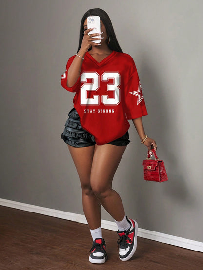 Slaydiva Casual Minimalist Alphabet & Numeric Pattern Women T-Shirt, Suitable For Summer, Red Color, Sports Uniform