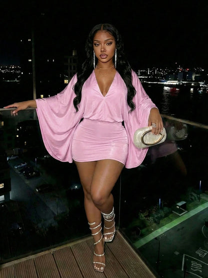 Slaydiva Elegant Mint Blue Deep V Batwing Sleeve Loose Bodycon Mini Dress- Suitable For Valentine's Day Date, Vacation,Pink Dress