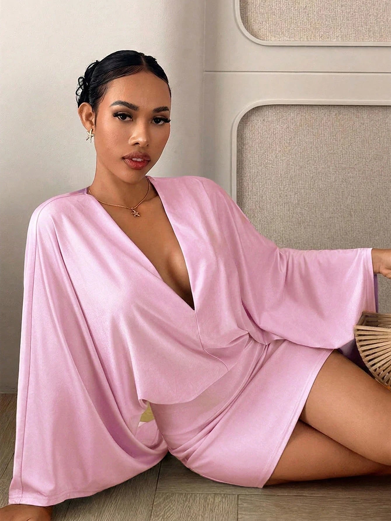 Slaydiva Elegant Mint Blue Deep V Batwing Sleeve Loose Bodycon Mini Dress- Suitable For Valentine's Day Date, Vacation,Pink Dress