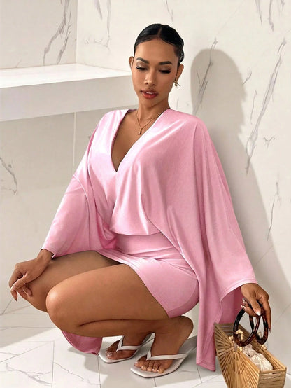 Slaydiva Elegant Mint Blue Deep V Batwing Sleeve Loose Bodycon Mini Dress- Suitable For Valentine's Day Date, Vacation,Pink Dress
