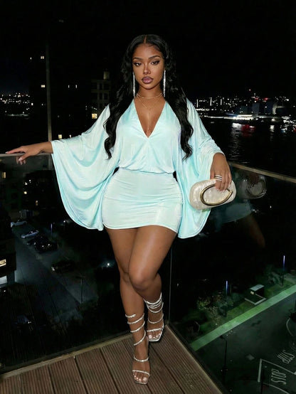 Slaydiva Elegant Mint Blue Deep V Batwing Sleeve Loose Bodycon Mini Dress- Suitable For Valentine's Day Date, Vacation,Pink Dress