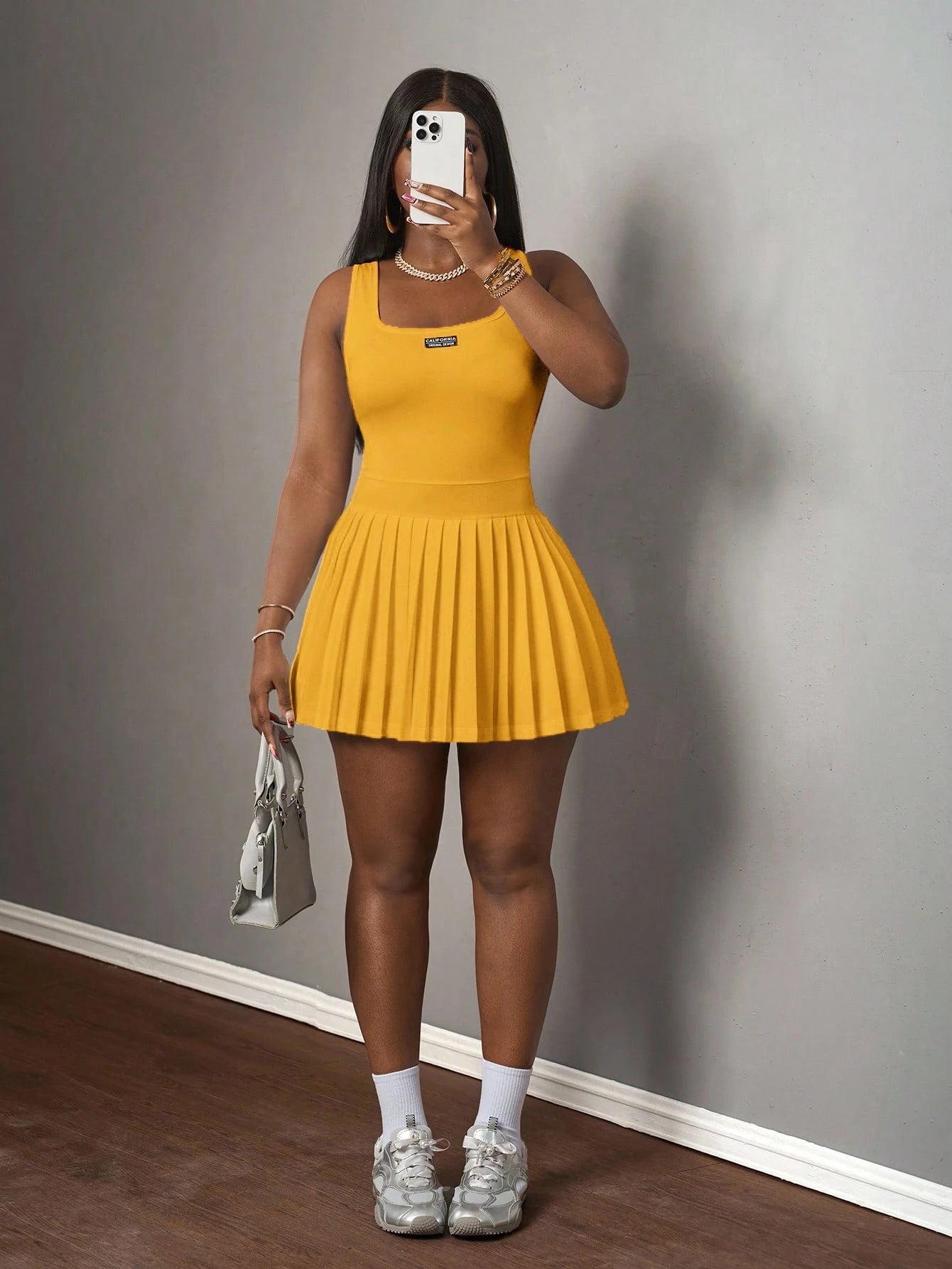 Slaydiva Mustard Yellow,Summer,Casual,City Break Women's U-Neck Knitted Mini Dress,Basic Racer Vest Pleated Skirt With Shorts Culottes,Spring Summer Dresses