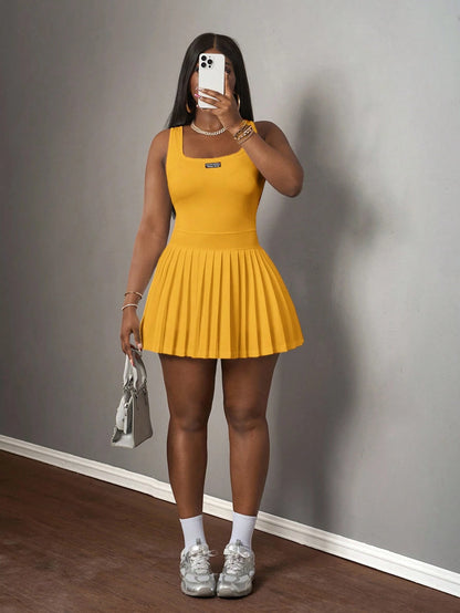 Slaydiva Mustard Yellow,Summer,Casual,City Break Women's U-Neck Knitted Mini Dress,Basic Racer Vest Pleated Skirt With Shorts Culottes,Spring Summer Dresses