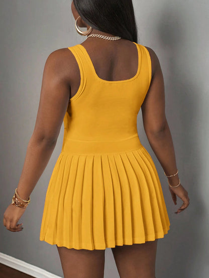 Slaydiva Mustard Yellow,Summer,Casual,City Break Women's U-Neck Knitted Mini Dress,Basic Racer Vest Pleated Skirt With Shorts Culottes,Spring Summer Dresses