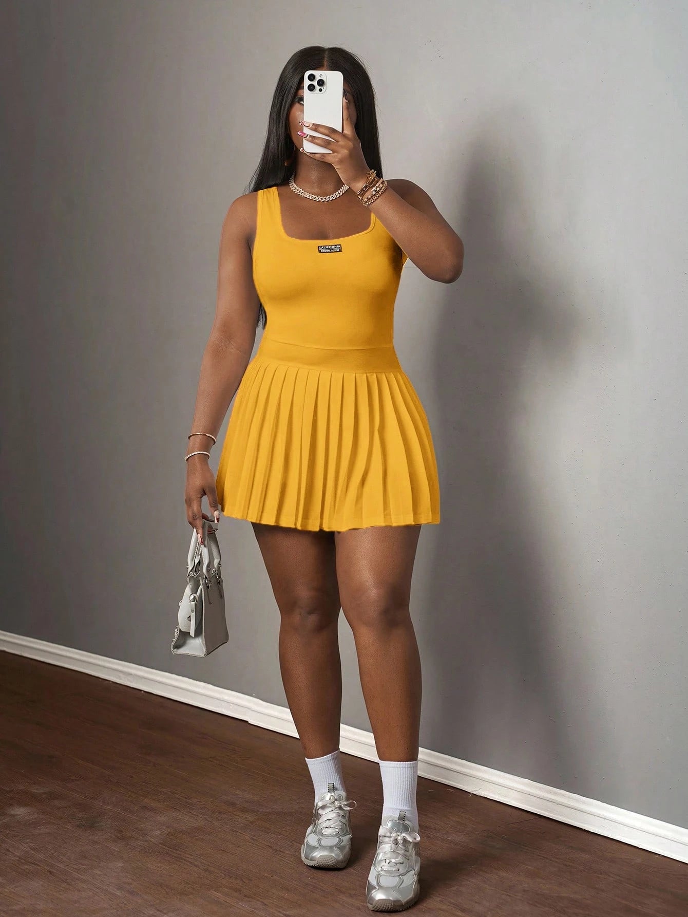 Slaydiva Mustard Yellow,Summer,Casual,City Break Women's U-Neck Knitted Mini Dress,Basic Racer Vest Pleated Skirt With Shorts Culottes,Spring Summer Dresses