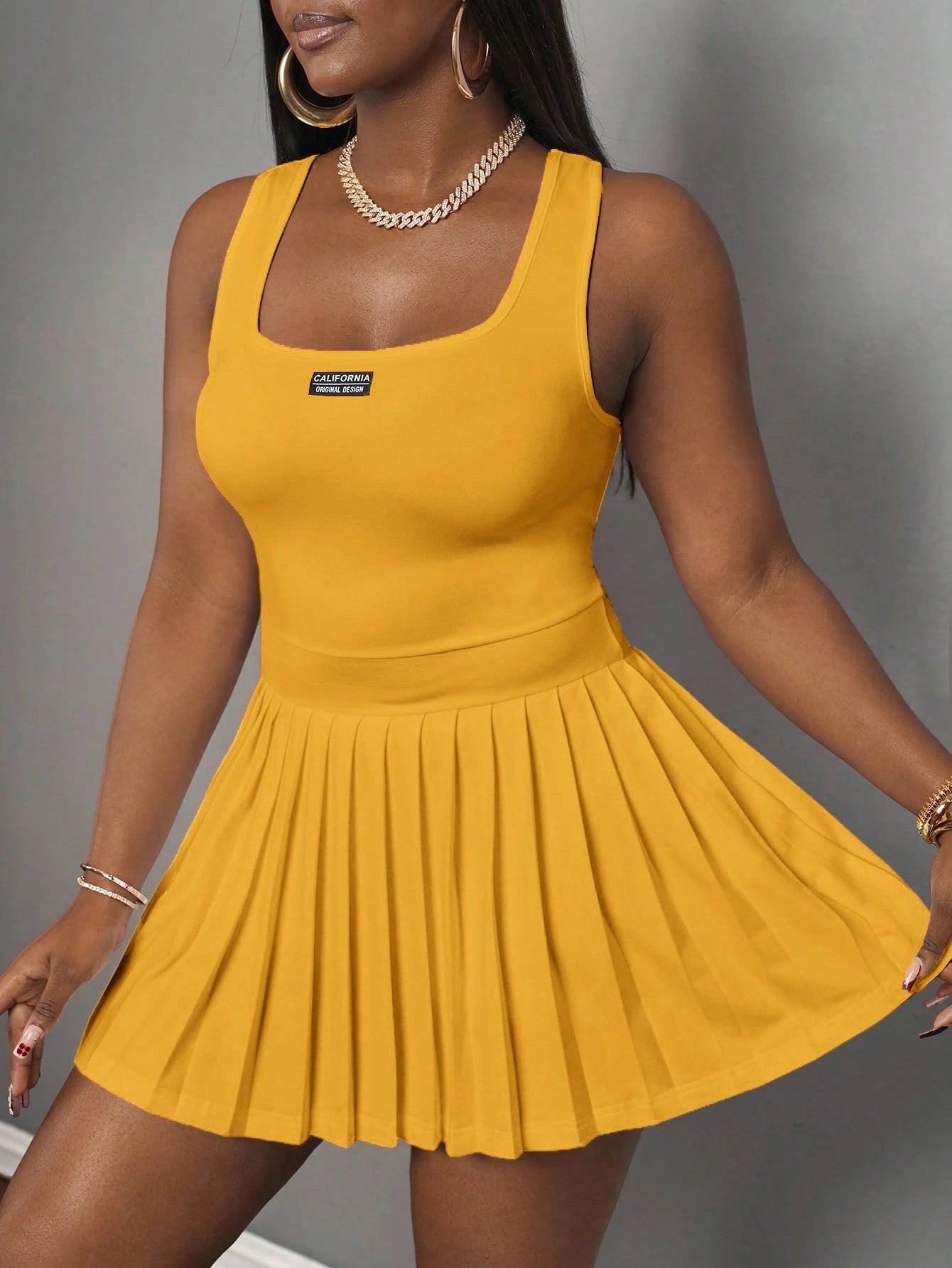 Slaydiva Mustard Yellow,Summer,Casual,City Break Women's U-Neck Knitted Mini Dress,Basic Racer Vest Pleated Skirt With Shorts Culottes,Spring Summer Dresses