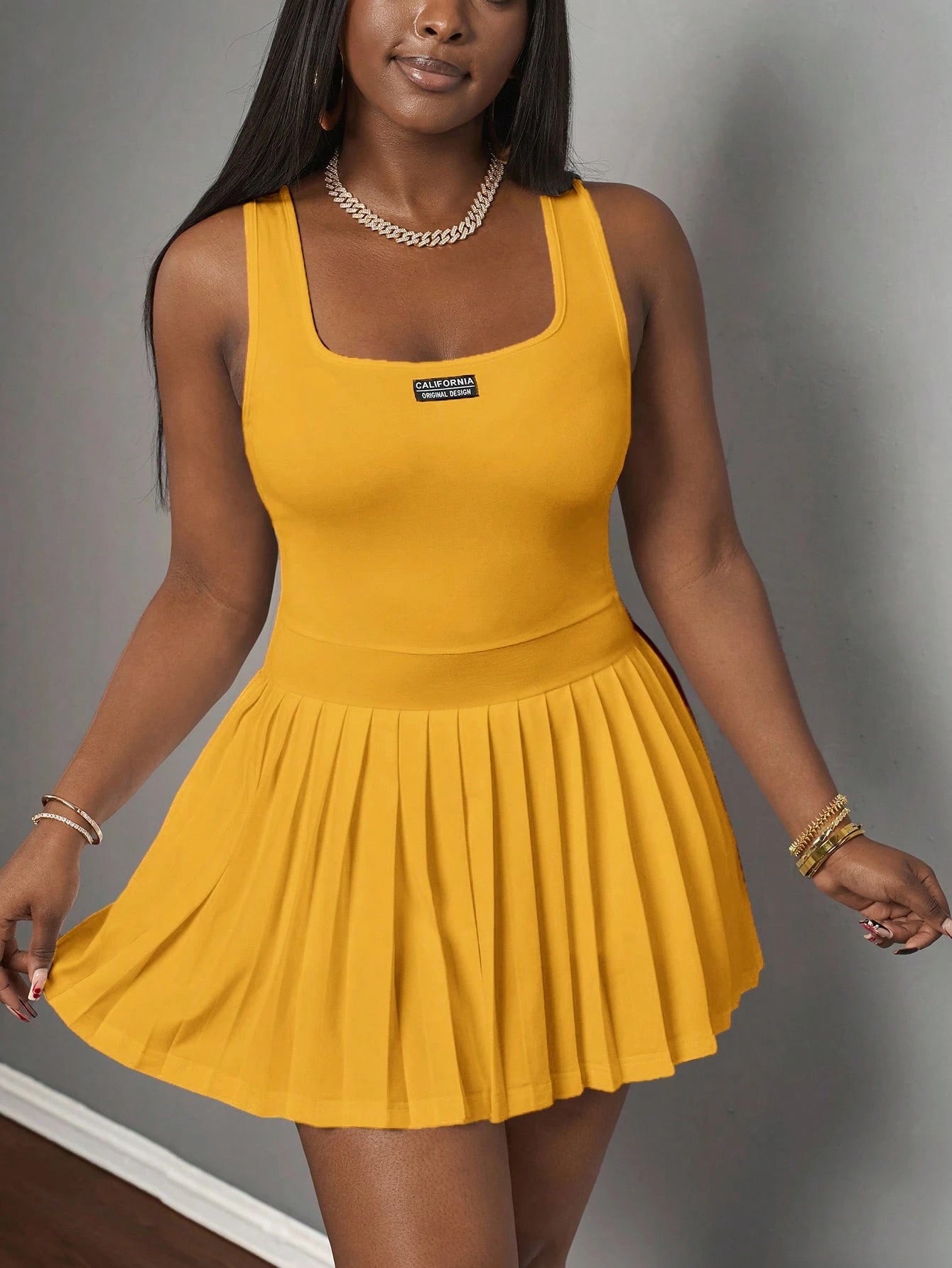 Slaydiva Mustard Yellow,Summer,Casual,City Break Women's U-Neck Knitted Mini Dress,Basic Racer Vest Pleated Skirt With Shorts Culottes,Spring Summer Dresses
